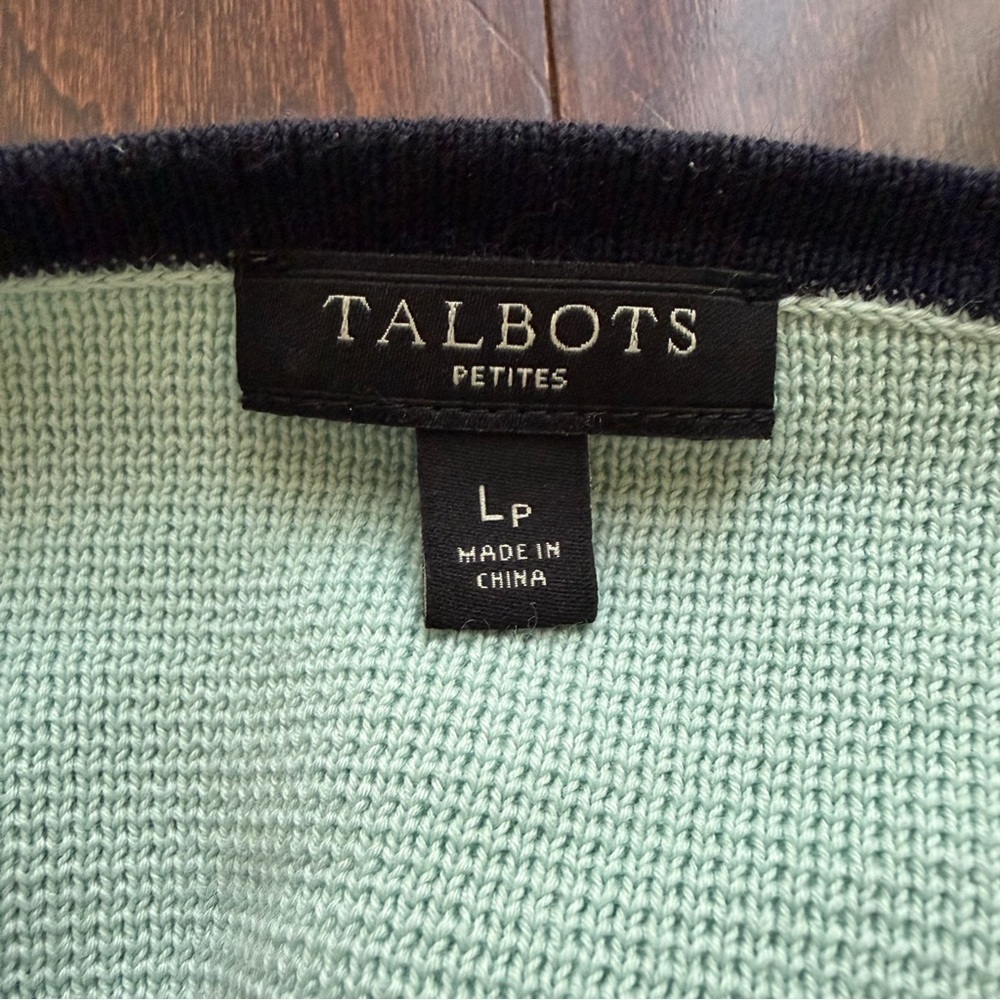 Talbots Petite Light Blue Navy Trim Knit Sweater Open Front Cardigan Size Lp - Picture 4 of 5